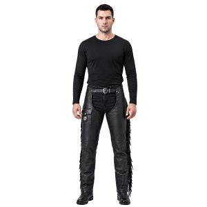 Modern Black Assless Leather Chaps Beads and Fringe