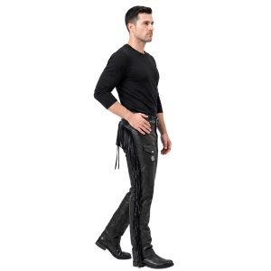 Black leather assless chaps with decorative beads and fringe