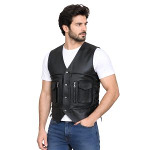Black Leather Motorcycle Vest with Multiple Pockets