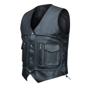 Multi Pocket Black Leather Vest for Riders