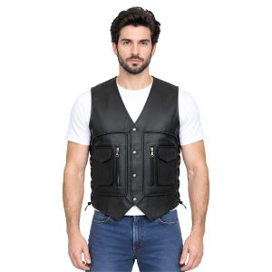 Multi Pocket Black Leather Vest for Riders