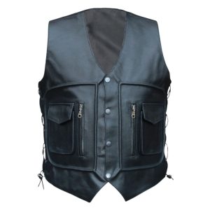 Multi Pocket Black Leather Vest for Riders