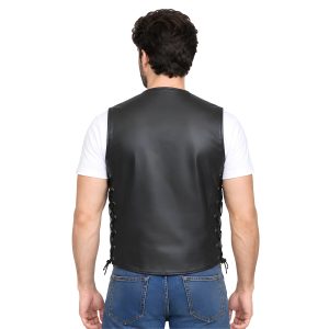 Classic Black Biker Vest with Multi-Pocket Design
