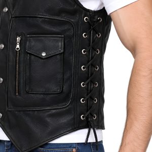 Men's Black Rider Leather Vest with Functional Pocket