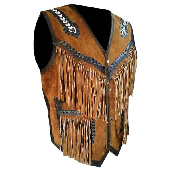 Native Fringe Western Vest With Patchwork Design