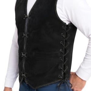 Black Suede Leather Cowboy Vest with Lace-Up Sides