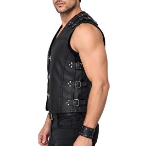 Rugged Black Leather Western Vest with Protective Styling