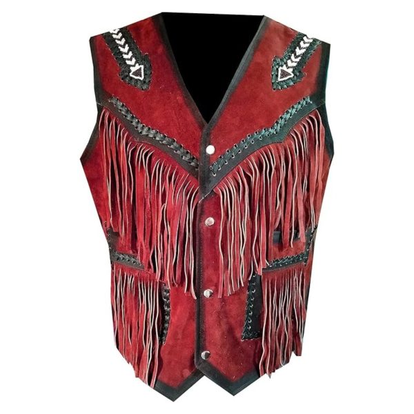 Red Leather Cowboy Vest With Traditional Accents