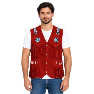 Red Leather Western Vest With Fringe