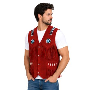 Men's Red Western Leather Vest with Fringe Detailing