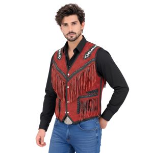 Men's Red Leather Vest with Traditional Western Styling
