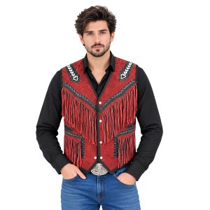Red Leather Western Vest With Traditional Accents