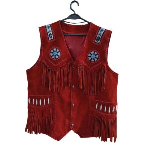 Red Leather Western Vest With Fringe