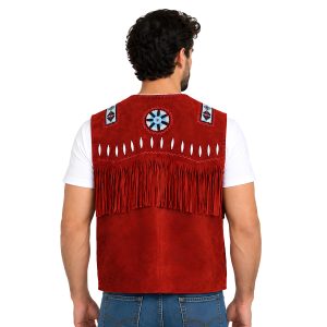Red Leather Cowboy Vest with Western Fringe