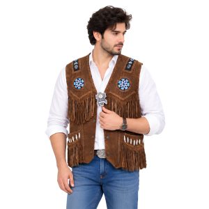 Tribal Beaded Leather Vest with Decorative Fringe