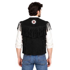 Classic Western Leather Vest with Beaded Tassel Accents