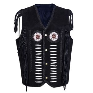 Suede Leather Western Vest With Beaded Fringe