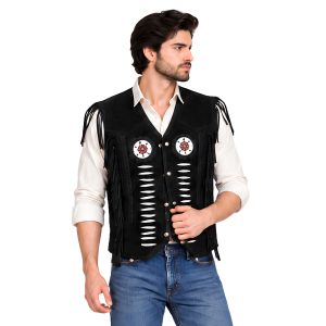 Western Suede Cowboy Vest with Beaded Fringe Detailing
