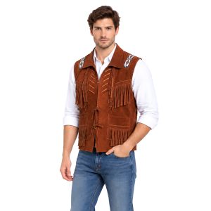 Classic Western Suede Leather Vest with Decorative Beading & Fringe