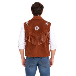 Suede Leather Cowboy Vest with Beaded Fringe Detailing