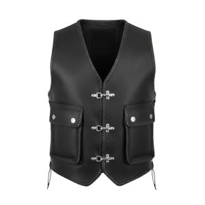 Traditional Vintage Leather Vest With Snap Pockets