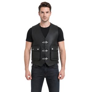 Traditional Vintage Leather Vest With Snap Pockets