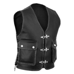 Traditional Vintage Leather Vest With Snap Pockets
