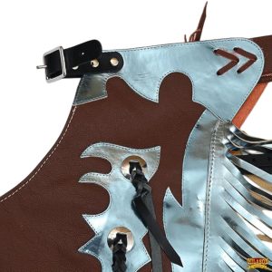 Western Bull Riding Rodeo Chaps Brown Silver & Blue Fringe