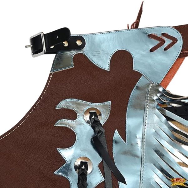 Western Bull Riding Rodeo Chaps Brown Silver & Blue Fringe