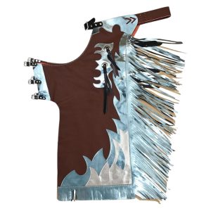 Western Bull Riding Rodeo Chaps Brown Silver & Blue Fringe