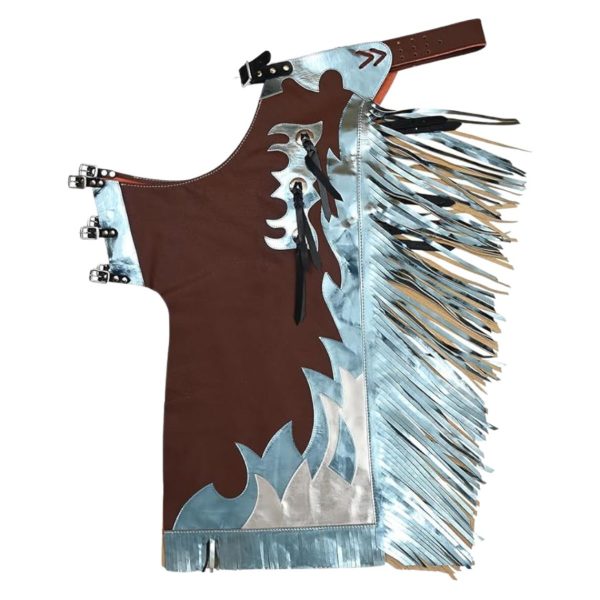 Western Bull Riding Rodeo Chaps Brown Silver & Blue Fringe