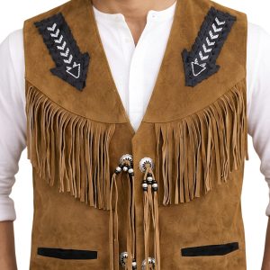 Suede Leather Cowboy Vest with Beaded Fringe Tassels