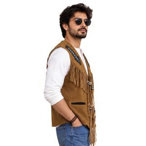 Men's Western Suede Vest with Beaded Tassel Detailing