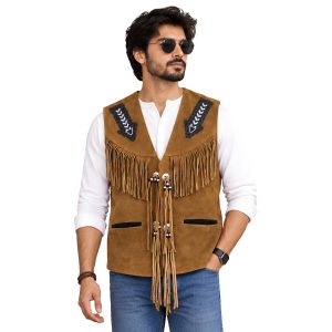 Western Suede Leather Vest With Beaded Tassels