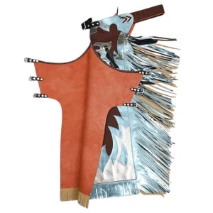 Western Bull Riding Rodeo Chaps Brown Silver & Blue Fringe