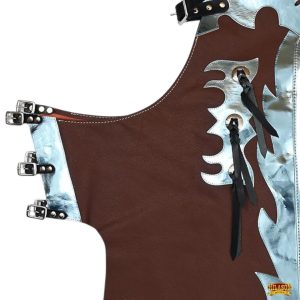 Western Bull Riding Rodeo Chaps Brown Silver & Blue Fringe