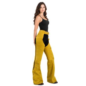 Yellow leather Western chaps with beaded detailing and long fringe
