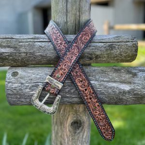 Boho Style Tooled Leather Belt with Antique Silver Buckle