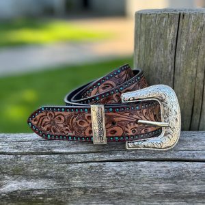 Tooled Leather Belt with Antiques Buckle