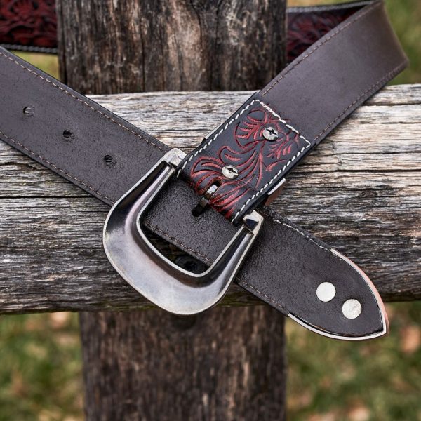 Rustic Red and Black Toled Leather Belt With Buckle