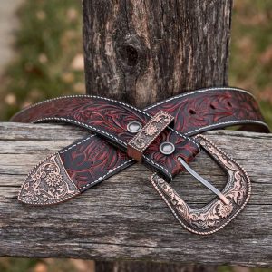 Rustic Red and Black Tooled Leather Belt