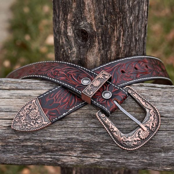 Rustic Red and Black Tooled Leather Belt