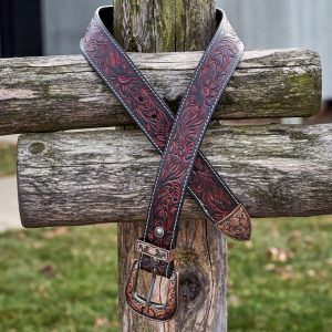 Rustic Red and Black Tooled Leather Belt for Cowboys