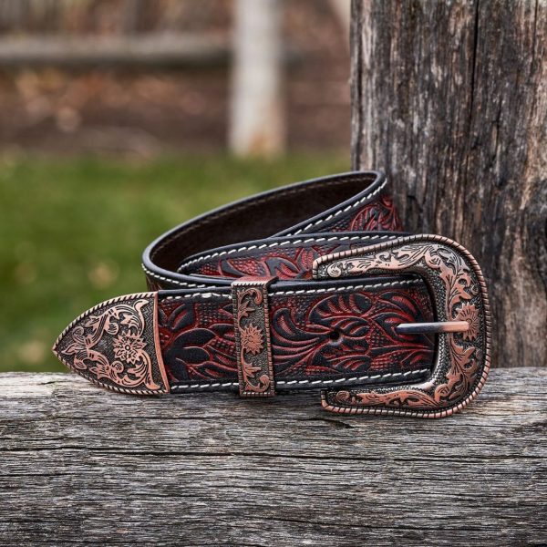 Rustic Red and Black Tooled Leather Belts for Cowboys