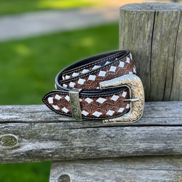 Western Toole Brown Belt with White Diamond Weaving