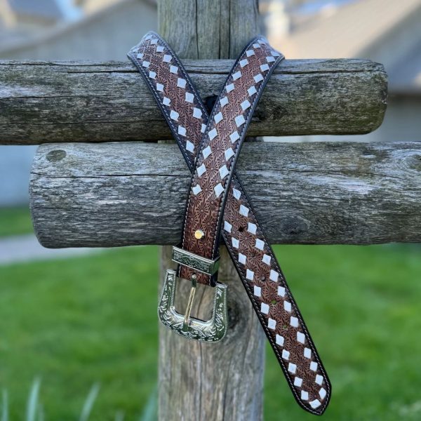 Western Tooled Brown Belt with White Diamond Weaving