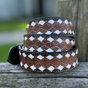 Western Tooled Belt with White Diamonds Weaving