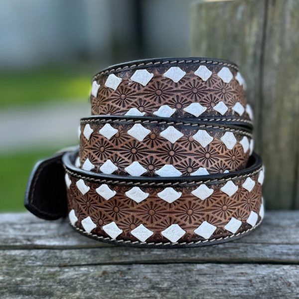 Western Tooled Belt with White Diamonds Weaving