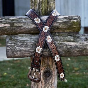 White Flower Hand Tooled Leather Western Belt