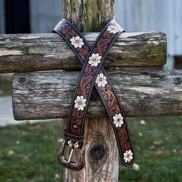 White Flower Hand Tooled Leather Western Belt